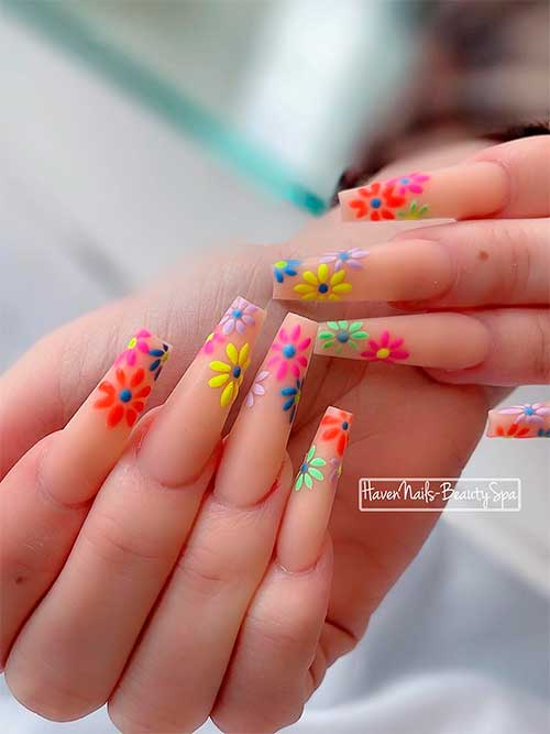 Spring Nails with Multicolored Flowers Long nude coffin spring nails with colorful flowers