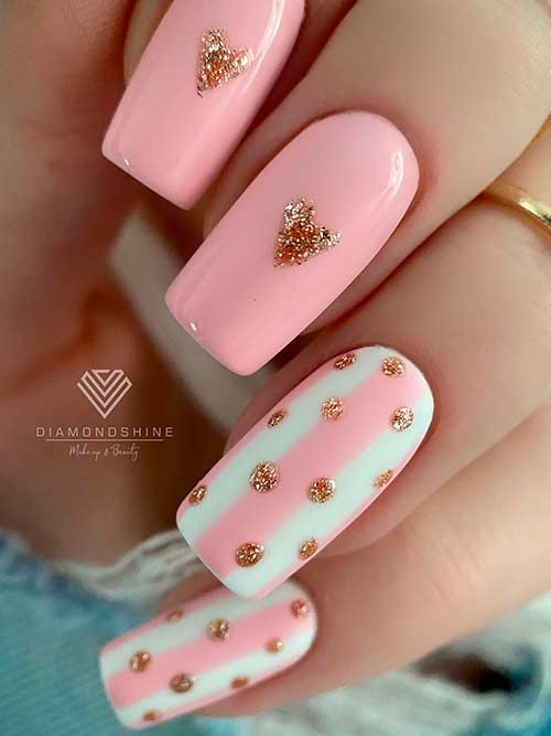 Long square-shaped elegant pink valentines nails with gold glitter hearts and dots