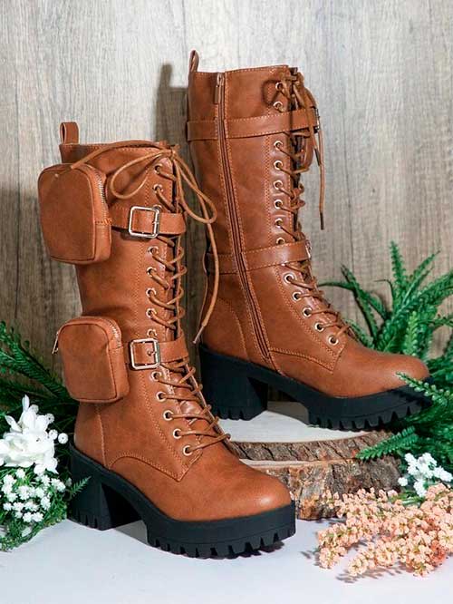 SHEIN Vegan Leather Block Heel Combat Boots