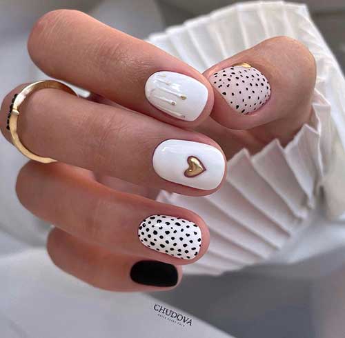 Short Nail Design Features Black And White Short Nails with Polka Dots, Heart Shape, and Drip Nail Art