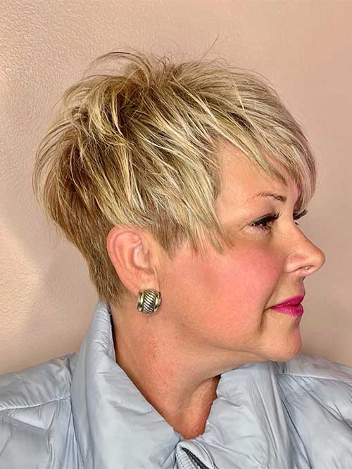 Blonde Undercut Pixie with Bangs for women over 50