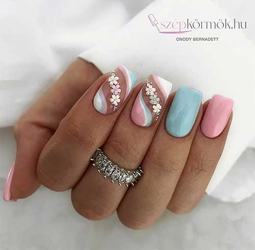 Short Square Shaped Blue Pink Pastel Flower Nails with Swirl Nail Art on Two Accent Nails