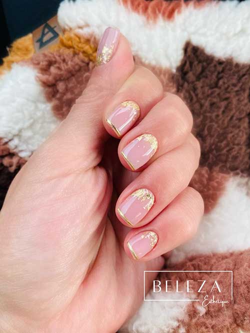 Short Gold French Tip Nails with Gold Glitter Above Cuticles