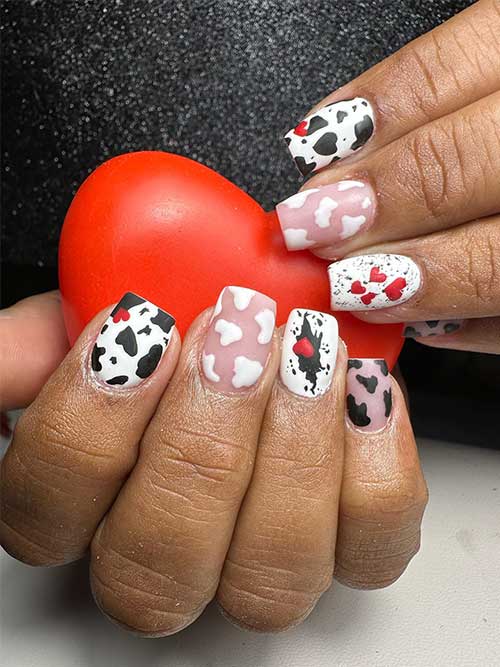 Short Square Shaped Cow Print Short Acrylic Nails with Small Red Hearts That Suit Valentine's Day