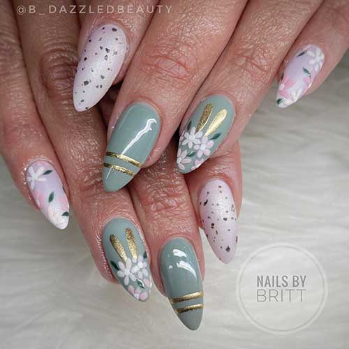 Long Almond Shaped Dusty Green and Chrome Pink Easter Nails with Speckles, a Bunny, and Floral Nail Art
