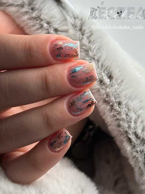 Fancy Short Nude Nails with Silver and Gold Foil Decorations Fancy Short Square Shaped Nude Nails with Silver and Gold Foil Decorations