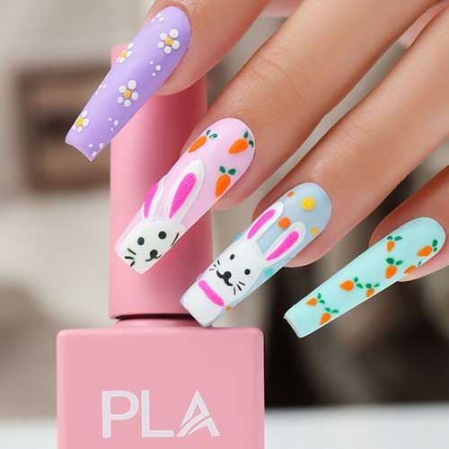 Cute Pastel Easter Gel Nails Long Coffin Colorful Easter Gel Nails with Bunnies, Carrots, and Flowers