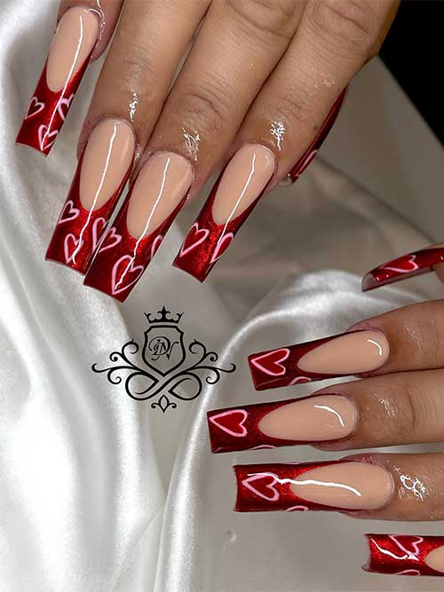 Red French Nails with Pink Hearts Long Red French Nails with Pink Hearts for Valentine's Day
