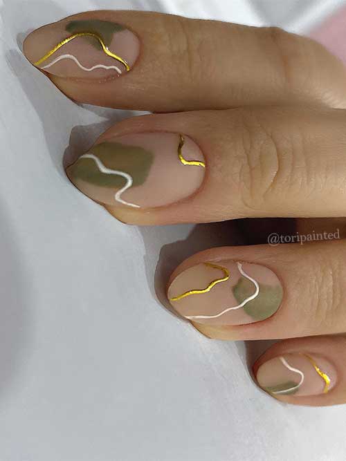 Short Green Abstract Nails with Gold and White Swirls