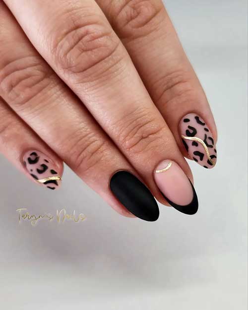 Short Almond Shaped Matte Leopard Print Nails with Gold Decoration