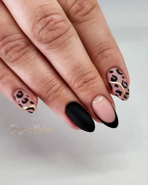 Short Leopard Print Nails Short Almond Shaped Matte Leopard Print Nails with Gold Decoration