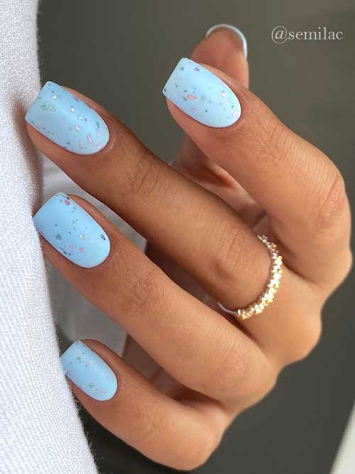 Short Square Shaped Matte Light Blue Nails with Glitter