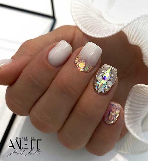 Short Milky White Nails with Glitter and Rhinestones