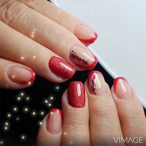 Short Modern French Manicure Short Modern French Manicure with Rhinestones and Gold Decorations