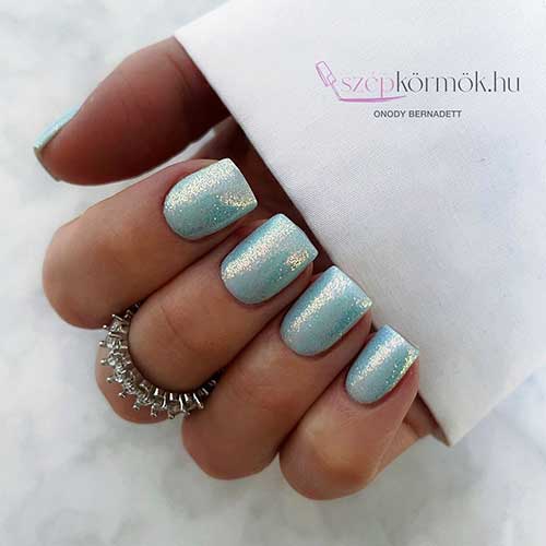 Short Square Shaped Sparkling Sky Nails