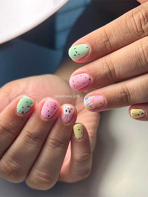 Short colorful matte Easter egg nails with bunny and flower accent nails