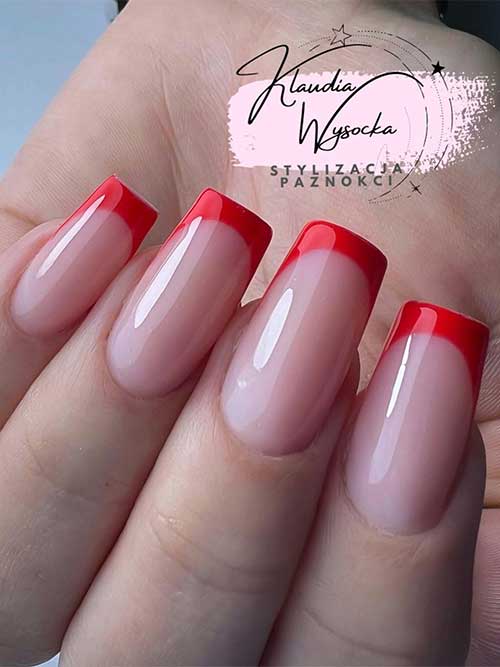Simple Red French Nails Medium Length Red French Nails
