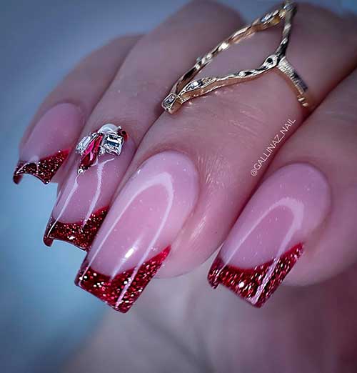 Medium Square Shaped Red French Manicure with Glitter and Rhinestones