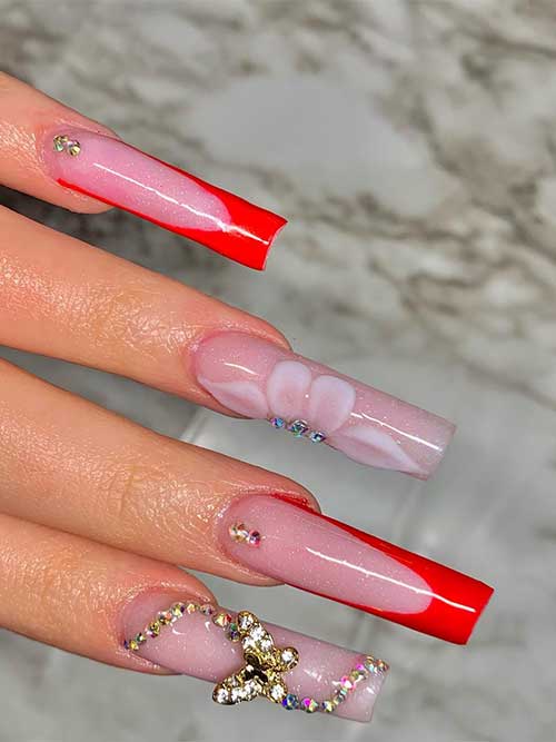 Long Square Shaped Spring French Manicure with Red Tips and Floral Nail Art and Rhinestones on Nude Accent Nails