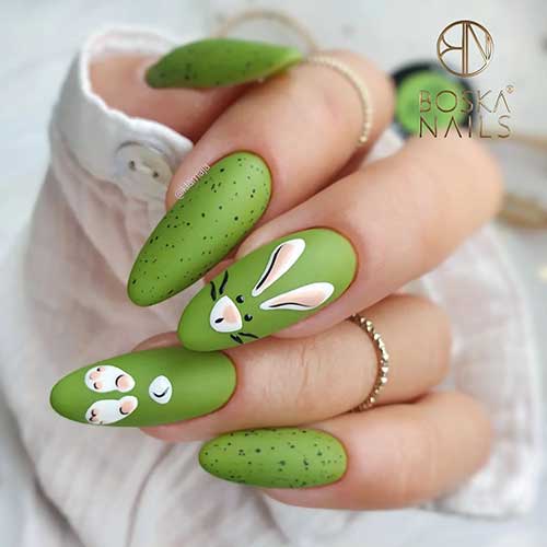 Green Bunny Nails with Black Speckle Nail Art is One of the Best Easter Nail Designs