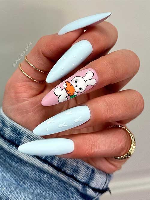 Stunning long almond-shaped matte light blue bunny nails