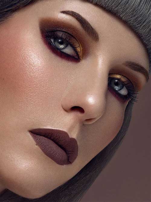 brown smokey eye makeup and matte lips