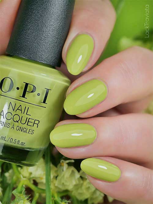 Short Round Shaped Creme Green Nails Using Clear Your Cash OPI Nail Polish