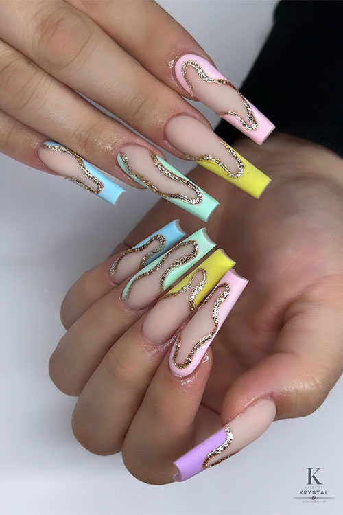 Creative Long Multicolored Negative Space French Manicure