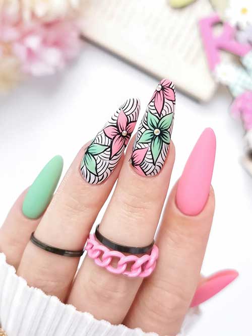 Long Almond Matte Floral Pastel Pink and Green Nail Designs Spring 2023