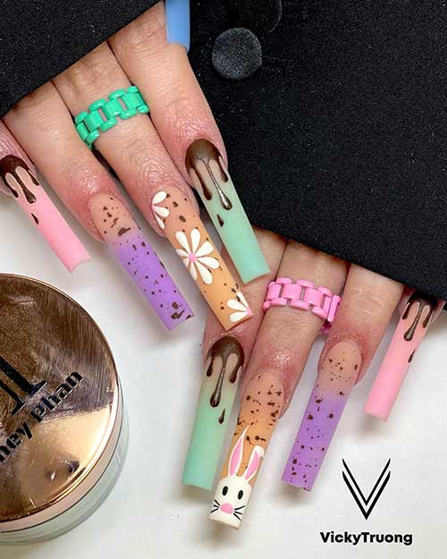 Long Pastel Nails for Easter That Feature Ombre Nails, Black Speckles, Flowers, A Bunny, and Drip Nail Art