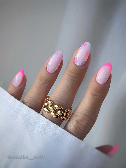 Short Almond Shaped Spring Pink French Minimal Nails with Floral Nail Art on Two Accent Nails