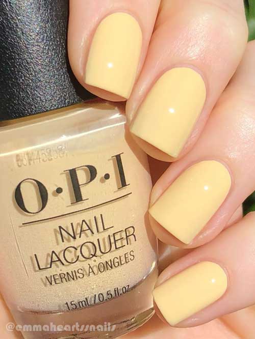 Short Square Shaped Pastel Yellow Nails with OPI Blinded by the Ring Light