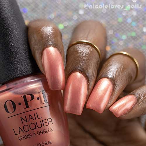 Long Square Shaped Pearly Peach Nails with OPI Data Peach Nail Polish