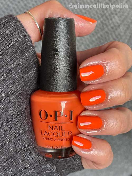 Short Square-Shaped Orange Nails Using OPI Nail Polish Silicon Valley Girl