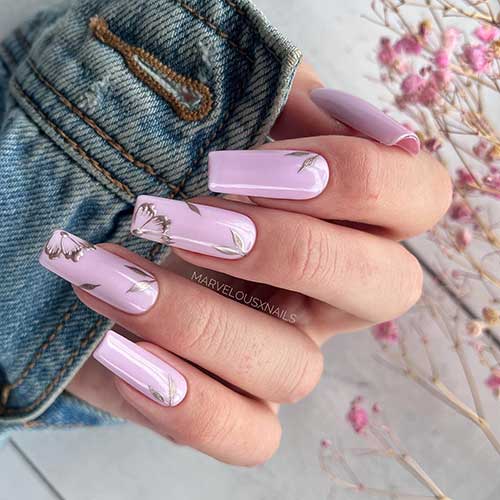 Pink Spring Nails with Metallic Floral and Leaf Nail Art is One of The Best Nail Designs Spring 2023