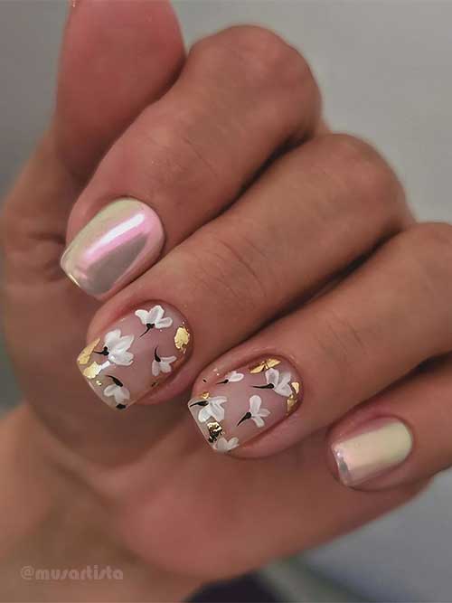 Short Gold metallic chrome Spring Nails with Daisy Flowers and Gold Foil Patches on Two Accent Nails
