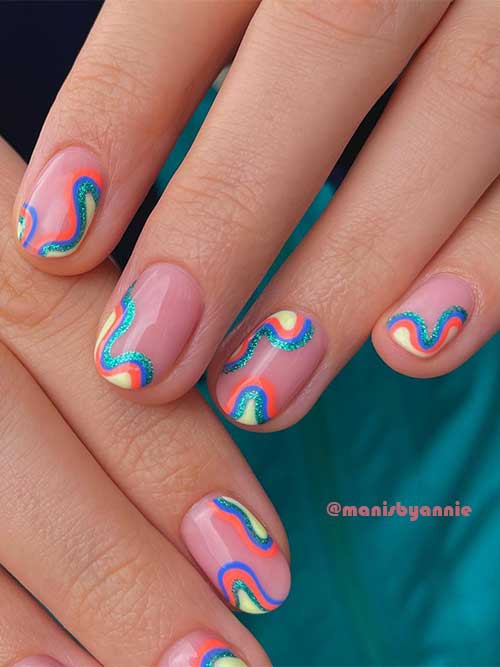 Short Swirl Nails with Different Spring Nail Colors over Nude Base Color