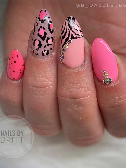 Almond Hot Pink Nail Design with Leopard And Zebra Prints