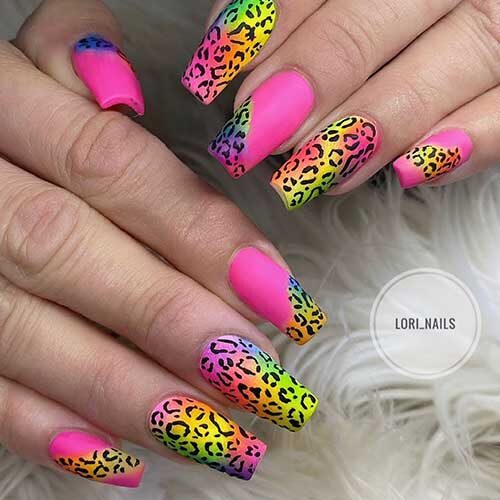 Coffin Matte hot pink with neon rainbow nails adorned with black leopard prints