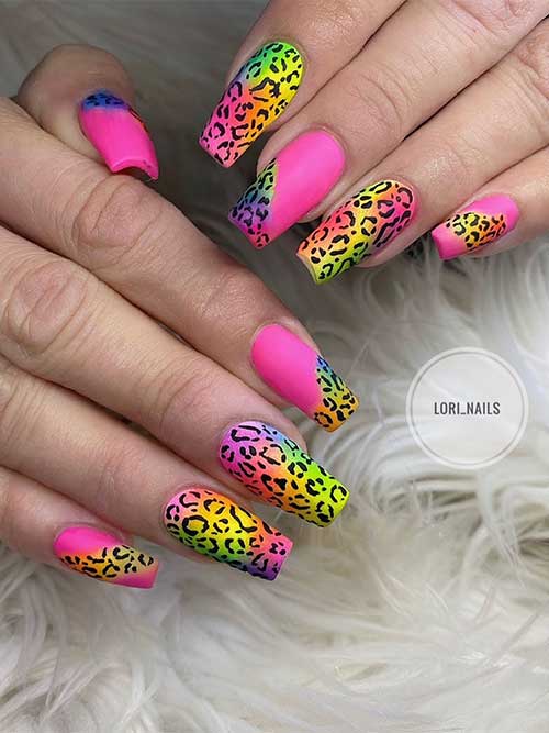 Coffin Matte hot pink with neon rainbow nails adorned with black leopard prints
