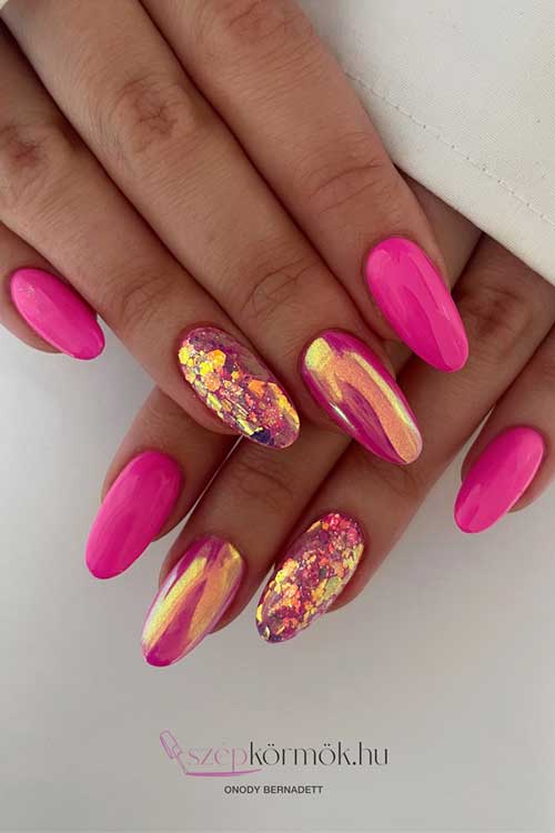 Hot pink nails with gold mermaid accents, featuring seashell patterns and a glossy finish for a bold, ocean-inspired look. Hot pink nails with gold mermaid accents, featuring seashell patterns and a glossy finish for a bold, ocean-inspired look.