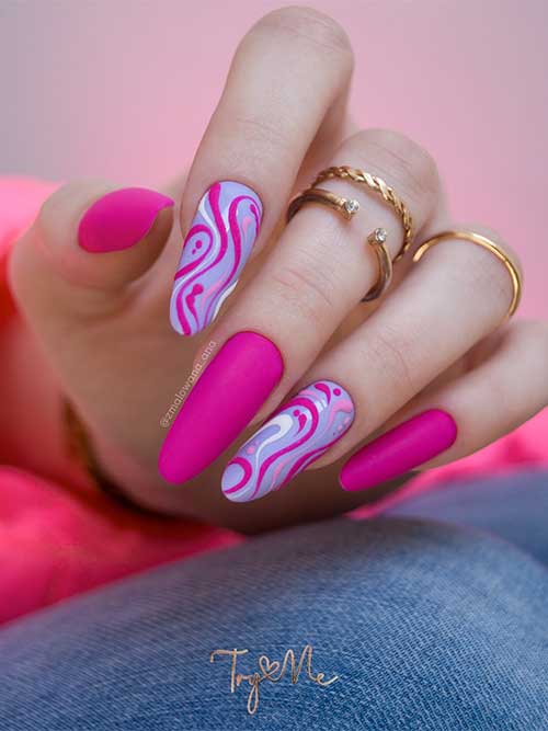 Long Almond Shaped Matte Hot Pink Nails with Swirls on Purple Accent Nails Long Almond Shaped Matte Hot Pink Nails with Swirls on Purple Accent Nails