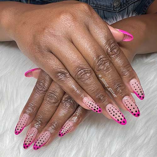 Long Almond Shaped Neon Pink French Tip with black Polka Dots are Perfect Bright Summer Nails