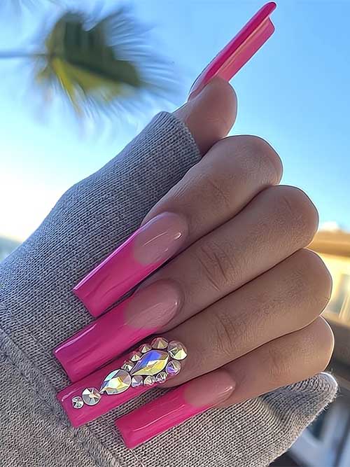 Long French Hot Pink Nails with Rhinestones