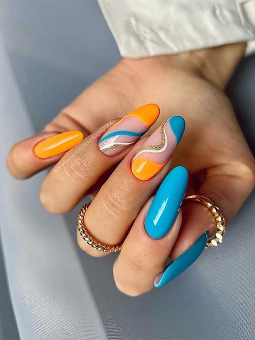 Long almond blue and orange nails with swirl nail art are stunning bright summer nails