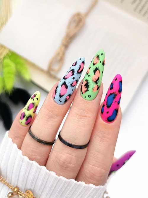 Long almond shaped Colorful Matte Neon Nails with Leopard Prints
