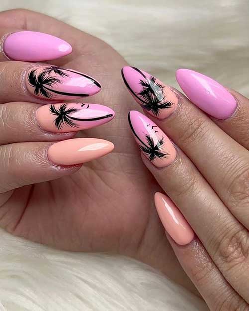 Long almond shaped Pink and peach nails with black palms trees