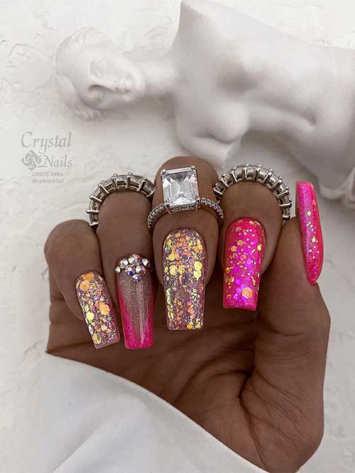 Long square Hot Pink Nails with Gold Glitter and Rhinestones