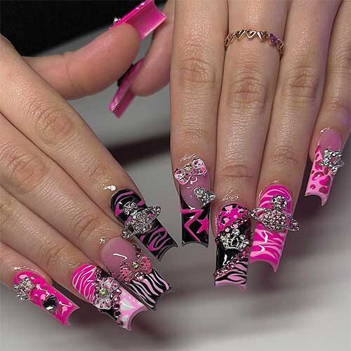 Long square shaped Animal Print Y2k Nails with Rhinestones