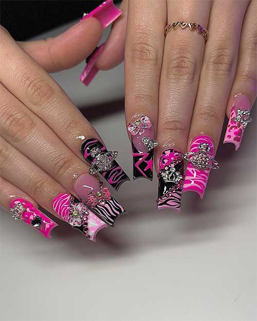 Long square shaped Animal Print Y2k Nails with Rhinestones